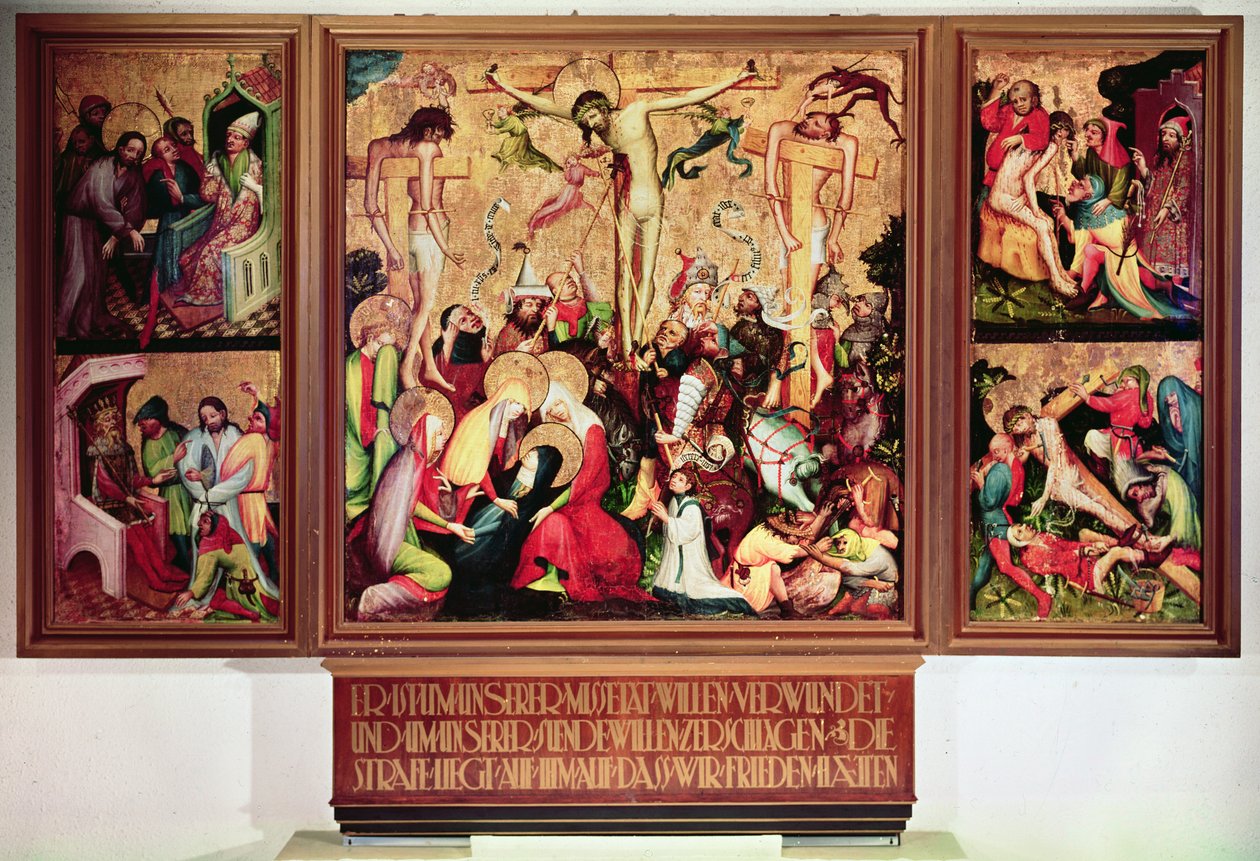 Korsfæstelsen, triptykon med sidepaneler, der viser scener fra passionen (tempera på panel) af German School