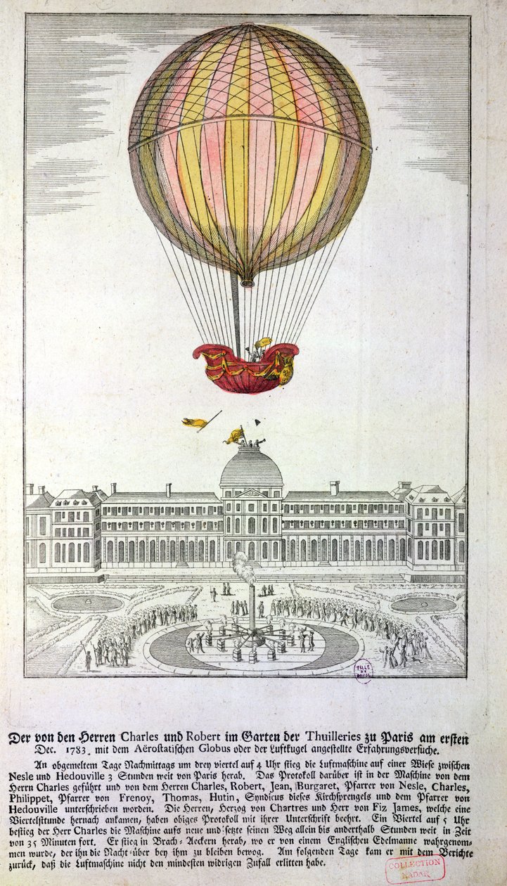 Jacques Charles (1746-1823) og Nicholas Roberts (1761-1828) flugt fra Jardin des Tuileries, 1. december, 1783 af German School