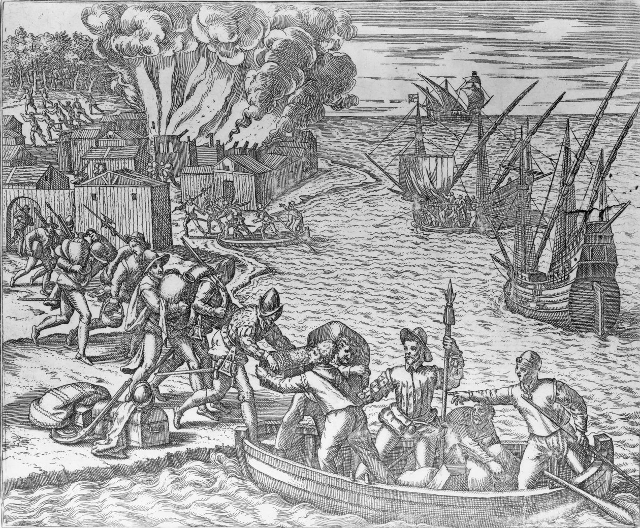 Den franske flåde plyndrer og sætter ild til byen Chioreram, indgraveret af Theodore de Bry (1528-98) af German School