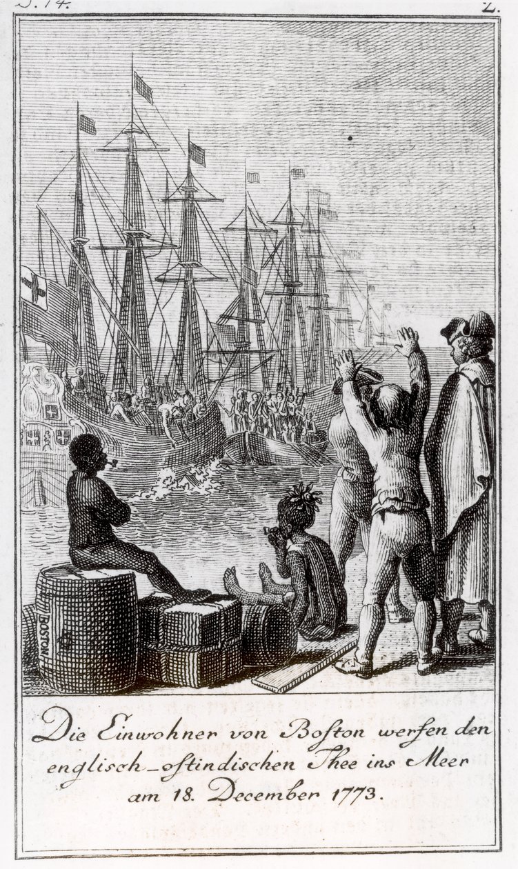 Indbyggerne i Boston kaster engelsk-østindisk te i havet, 18. december 1773 af German School