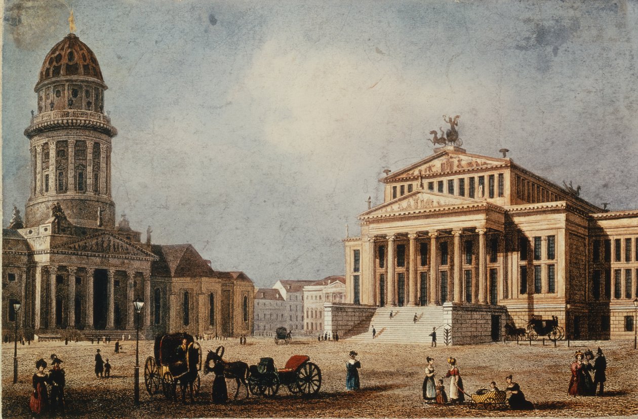 Det Kongelige Teater og Den Nye Kirke, 1833 (håndkoloreret stik) af German School