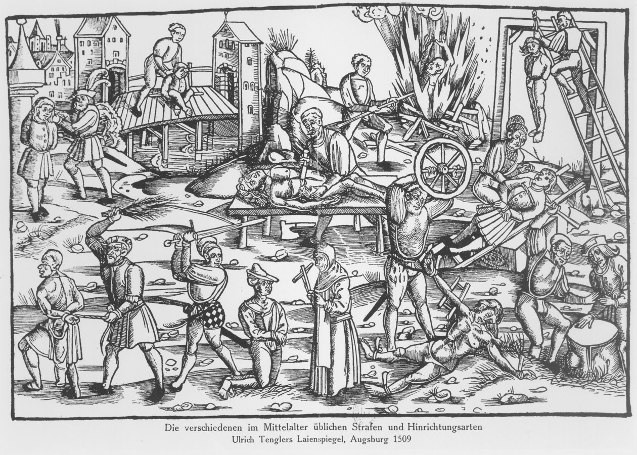 De sædvanlige straffe i Tyskland under middelalderen, illustration fra Laienspiegel af Ulrich Tengler, udgivet Augsburg 1509 af German School