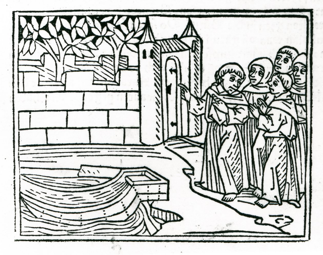 Munkene forlader Irland på jagt efter Paradisøen, illustration fra "The Voyage of St. Brendan", 1499 af German School