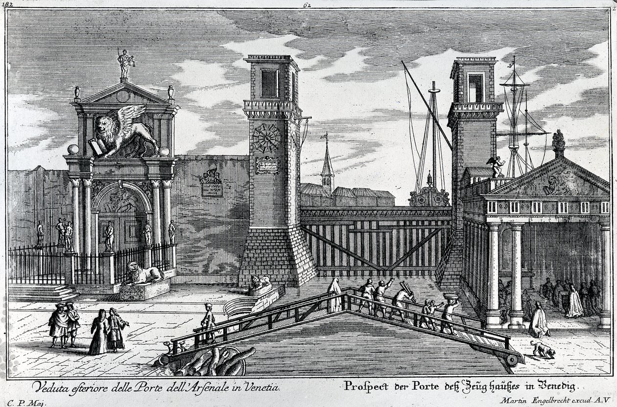 Udsigt over portene ved indgangen til Arsenalet i Venedig, udgivet af Martin Engelbrecht, ca. 1740