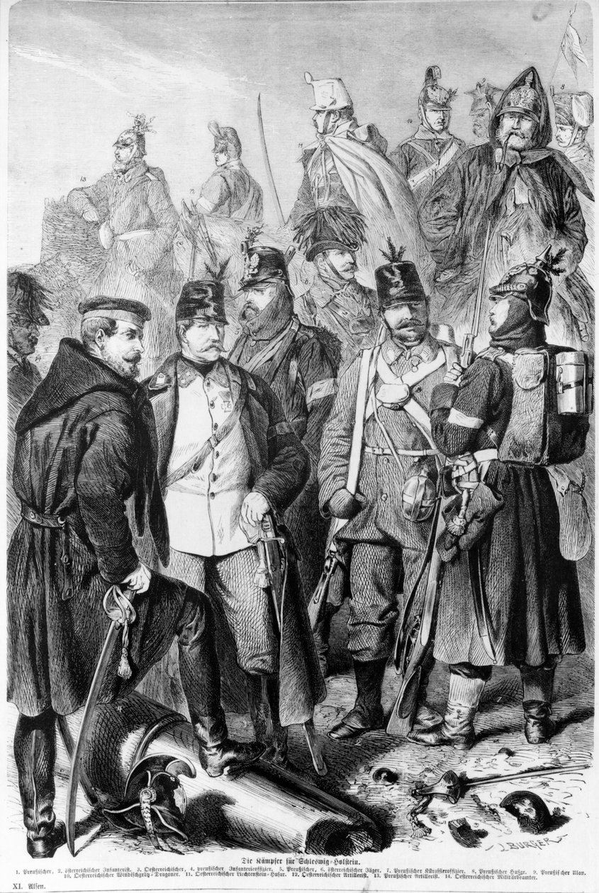 Hertugdømmekrig, østrigske og preussiske soldater og officerer, der kæmper for Slesvig-Holsten, 1864, udgivet i Leipzig af German School