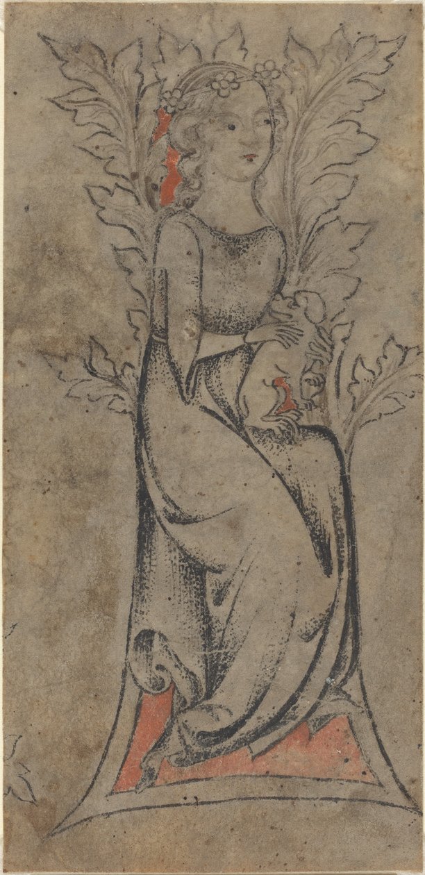 Siddende pige med en hund af German 14th Century