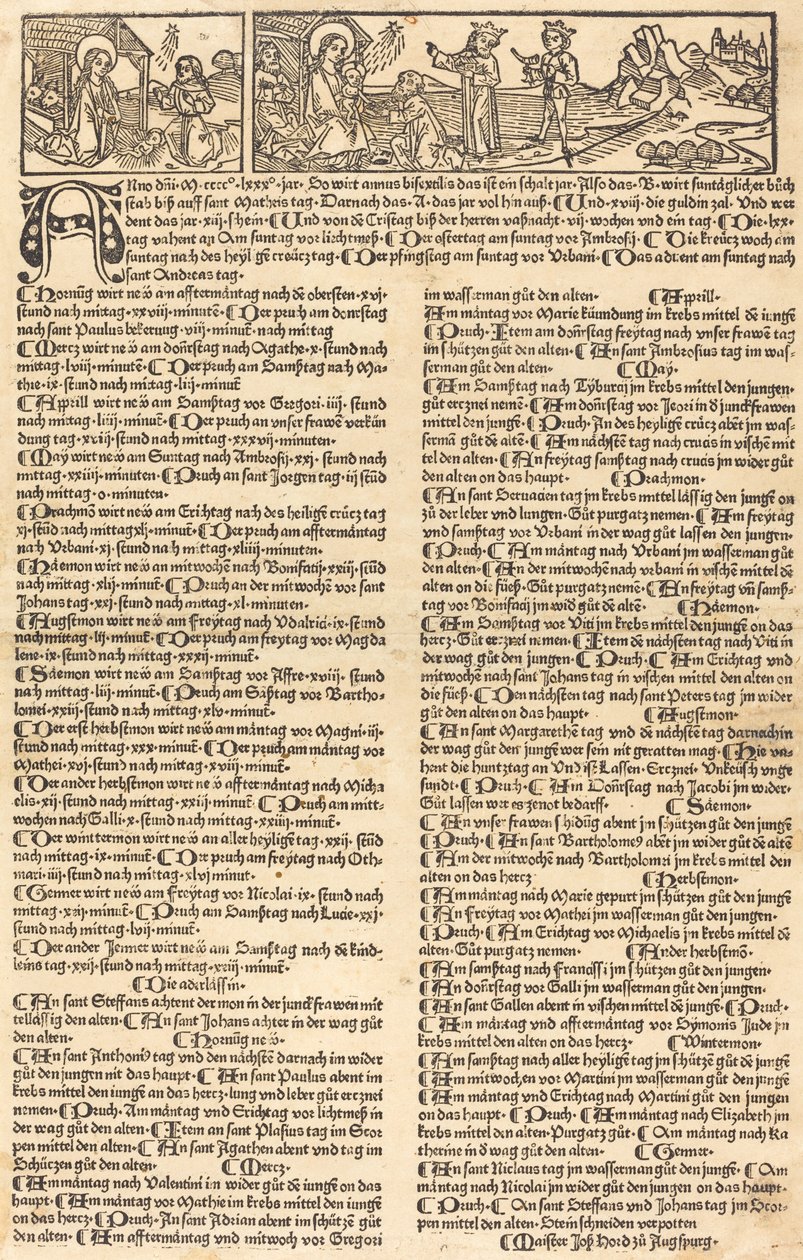 Kalender med Fødsel og tilbedelse af German 15th Century