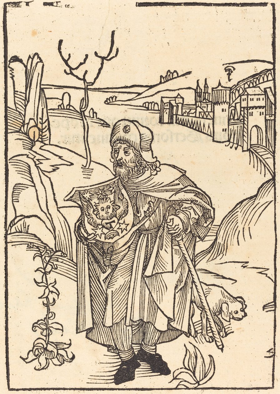 Gerson som pilgrim med byen i baggrunden af German 15th Century