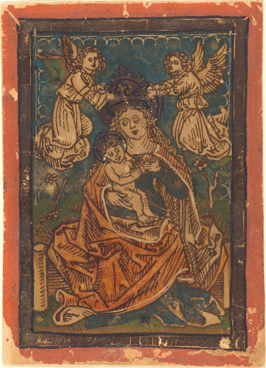 Madonna og barn sidder på en græsklædt bred med engle af German 15th Century