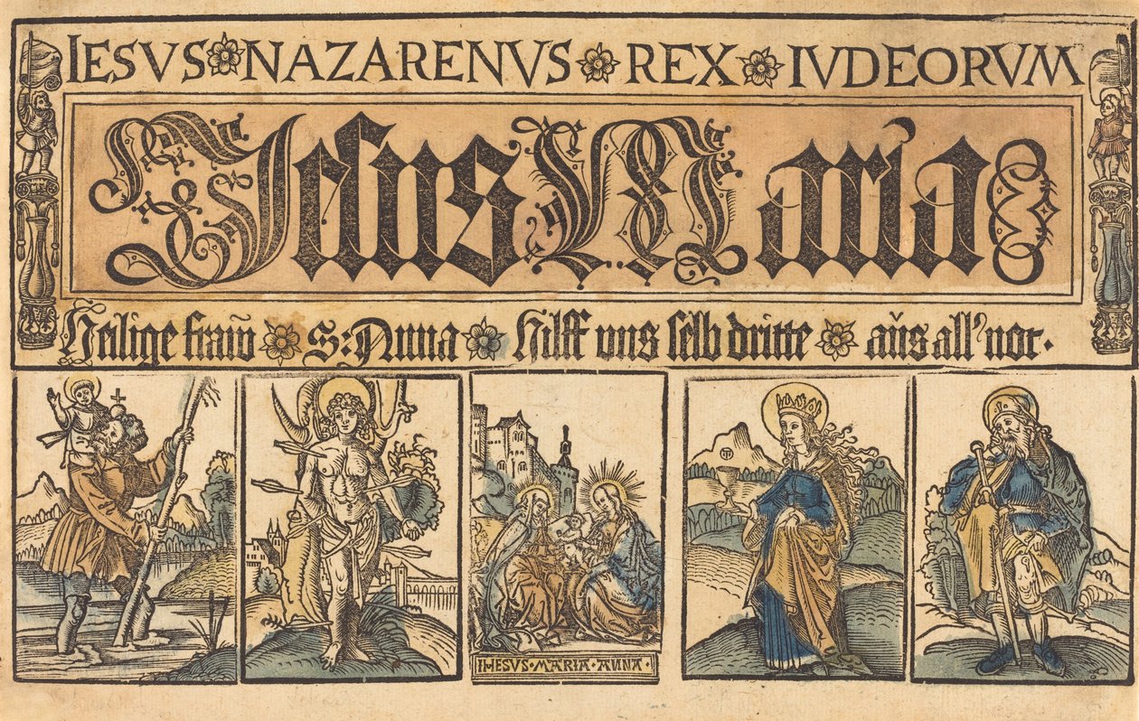 Sankt Anne, Madonnaen og barnet og de hellige Christopher, Sebastian, Clara og Roche af German 15th Century