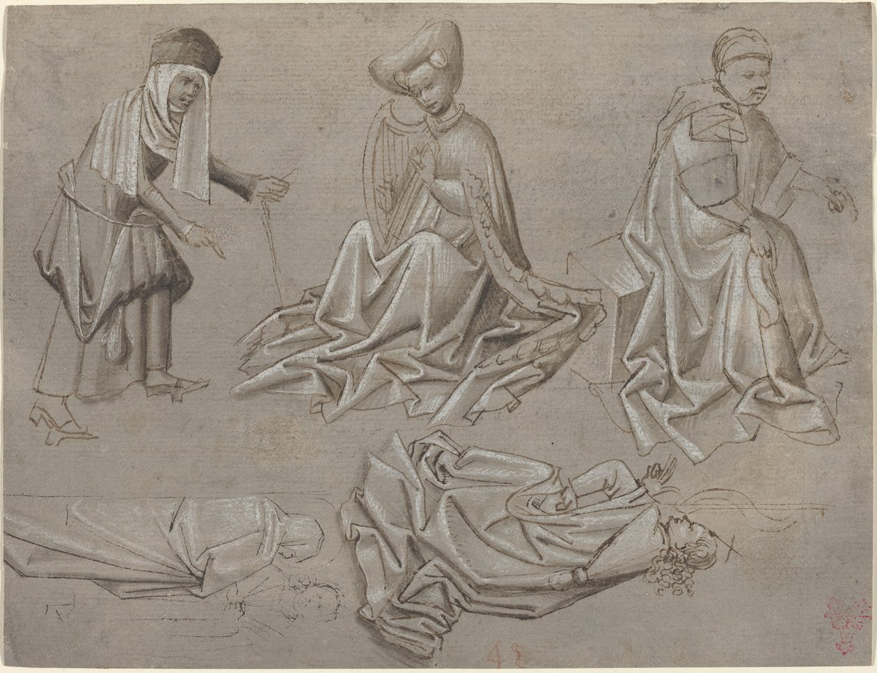 Studier til seks figurer (ark fra en modelbog) [recto] af German 15th Century