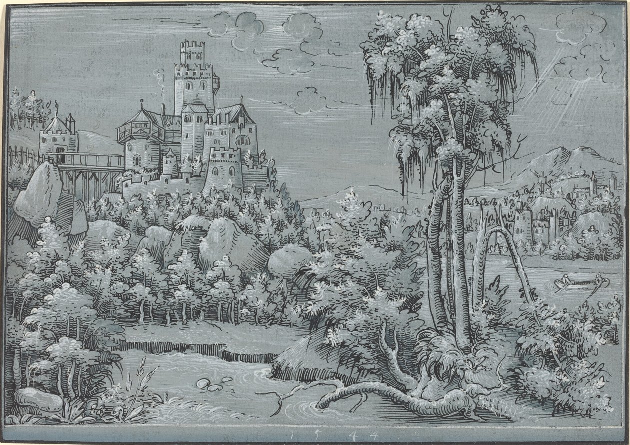 Landskab med et slot af German 16th Century