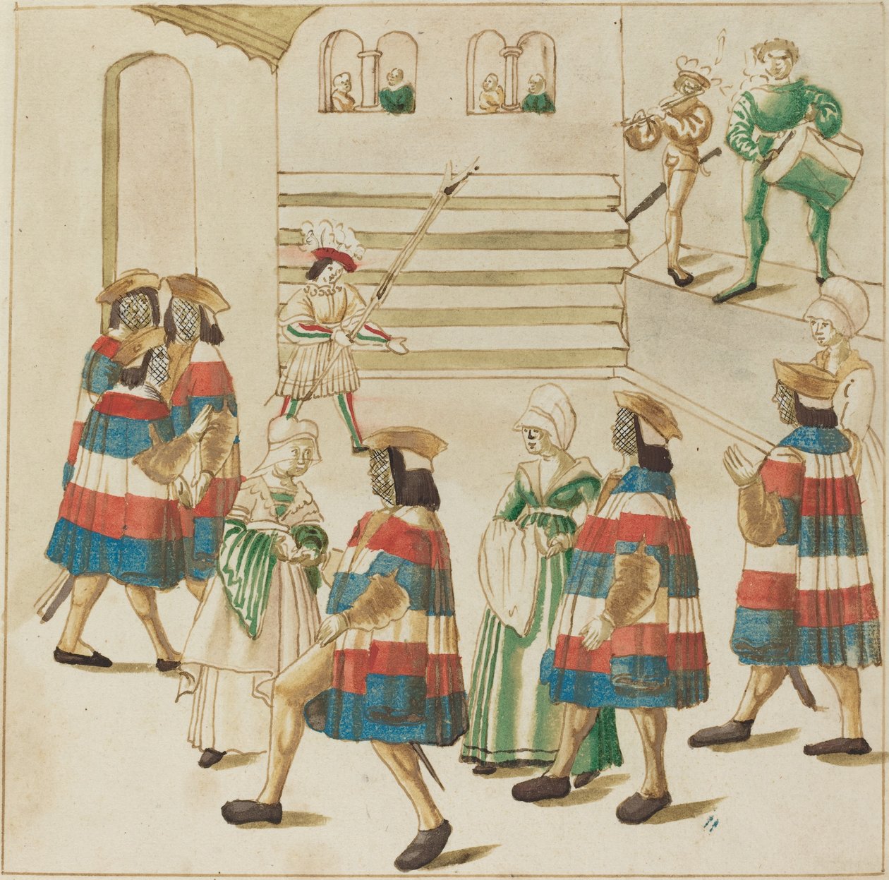 Mænd i rød, hvid og blå danser med deres partnere af German 16th Century