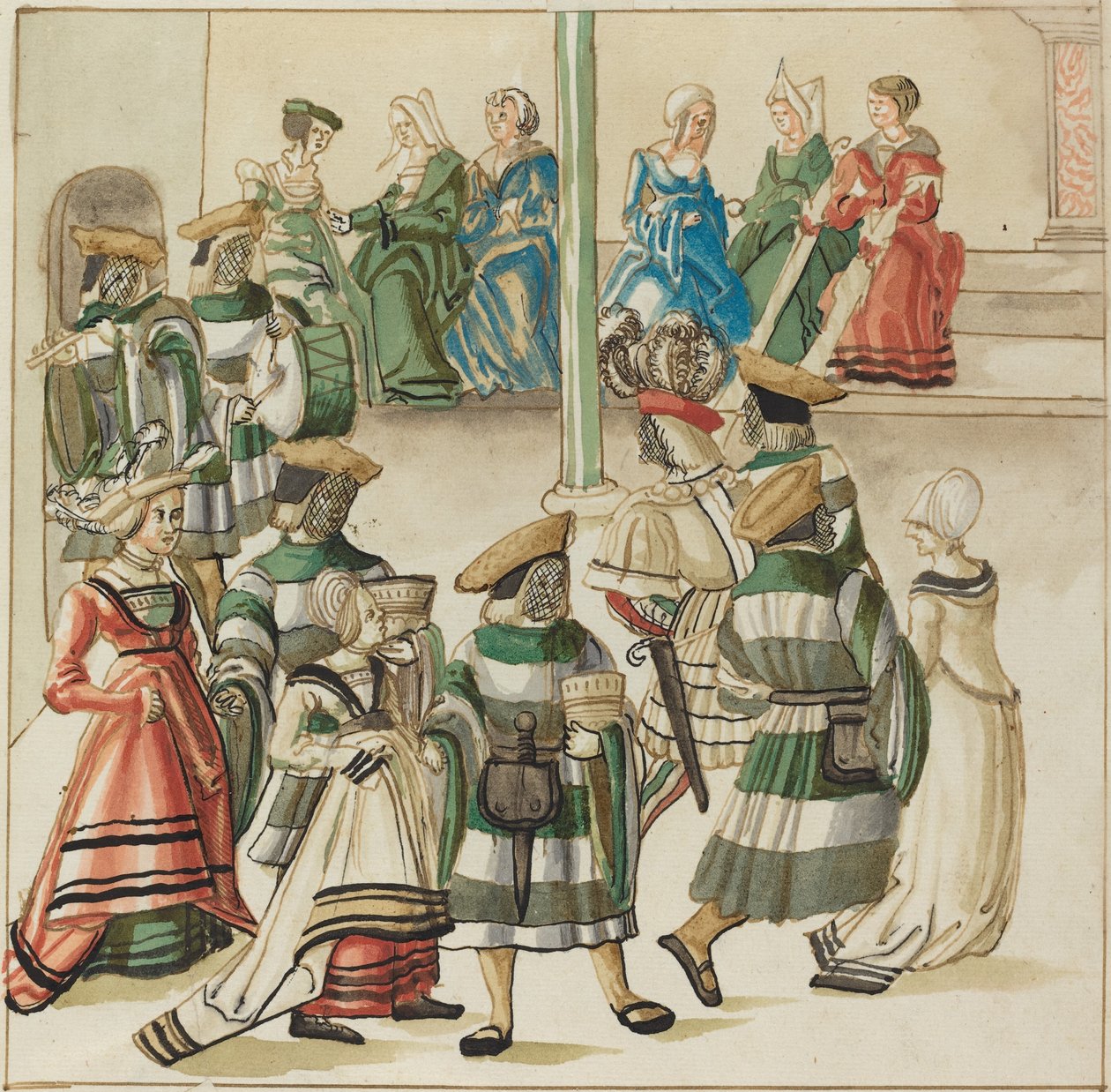 Tre dansende par ledet af to riddere i værelse med søjle af German 16th Century
