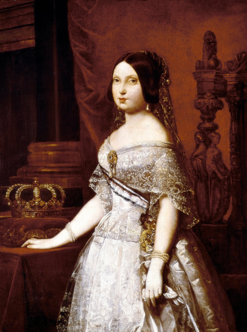 Portræt af dronningen af Spanien, Isabella II af Spanien (1830-1904), dronning af Spanien. Maleri af tyske Hernandez Amores (1823-1894) af German Hernandez Amores