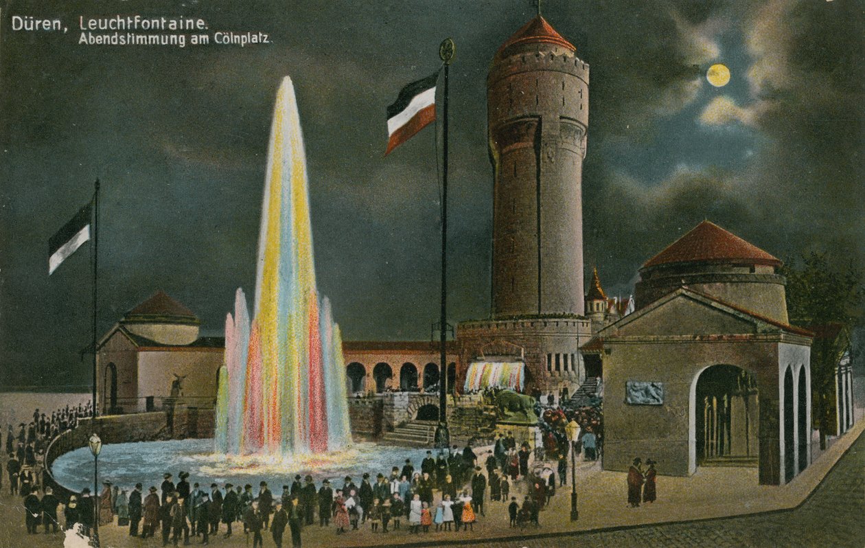 Duren, Leuchtfontaine, aftenstemning på Colnplatz. Postkort sendt den 20. marts 1913. af German Photographer
