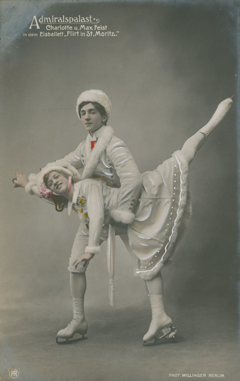 Postkort af skøjteløbere, sendt i 1913 (håndkoloreret foto) af German Photographer