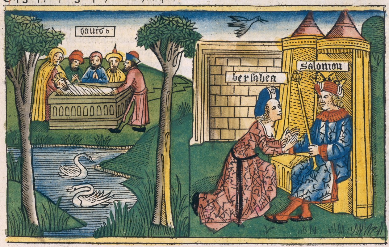 1 Kongebog 2 10-11 Davids død, og 2. Kongebog 19-25 Bathsheba beder Salomon om at Abishag skal gifte sig med Adonija, fra Nürnbergbibelen (Biblia Sacra Germanaica) (farvet træsnit) af German School