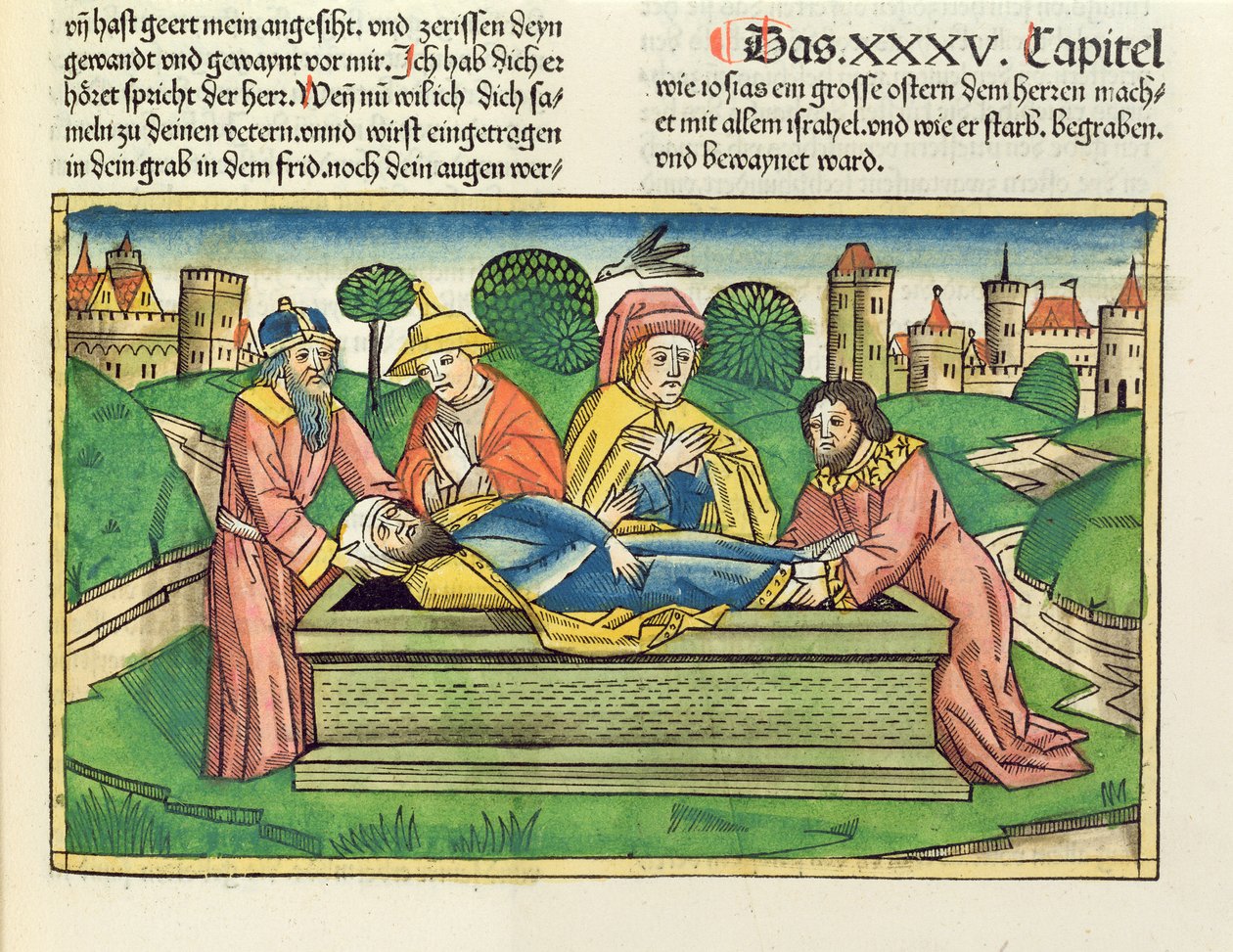 2 Krønikebog 35 24 Josias begravelse, fra Nürnbergbibelen (Biblia Sacra Germanaica) (farvet træsnit) af German School