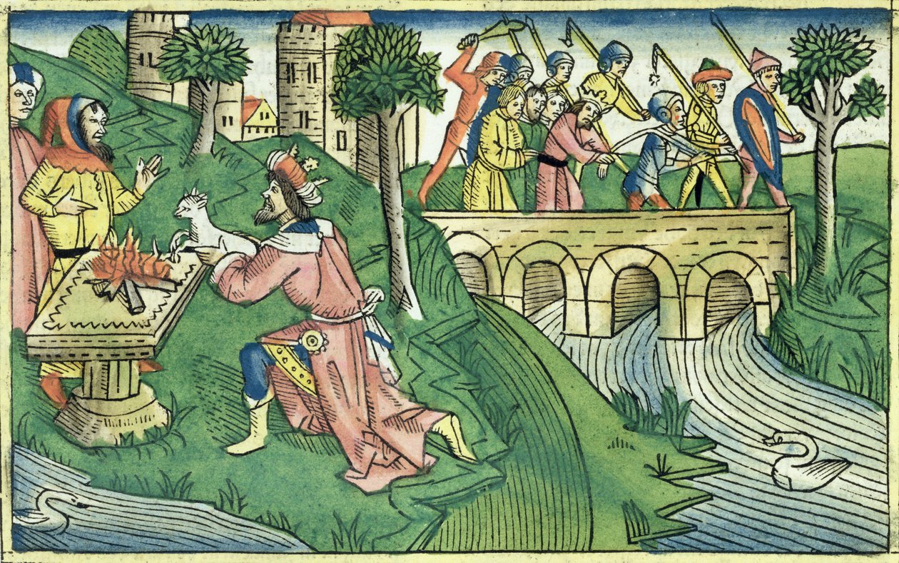 2 Kongebog 16 9-16 Folket i Damaskus bliver taget til fange, fra Nürnbergbibelen (Biblia Sacra Germanaica) (farvet træsnit) af German School