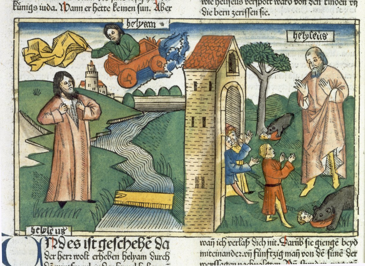 2 Kongebog 2 1-24 Elias stiger op til himlen i en hvirvelvind, og de drenge, der hånede Elisa, bliver spist af bjørne, fra Nürnbergbibelen (Biblia Sacra Germanaica) (farvet træsnit) af German School