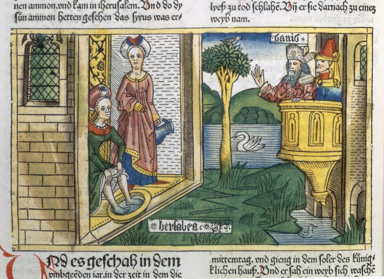 2 Samuel 11 1-5 David ser Bathsheba bade, fra Nürnbergbibelen (Biblia Sacra Germanaica) (farvet træsnit) af German School