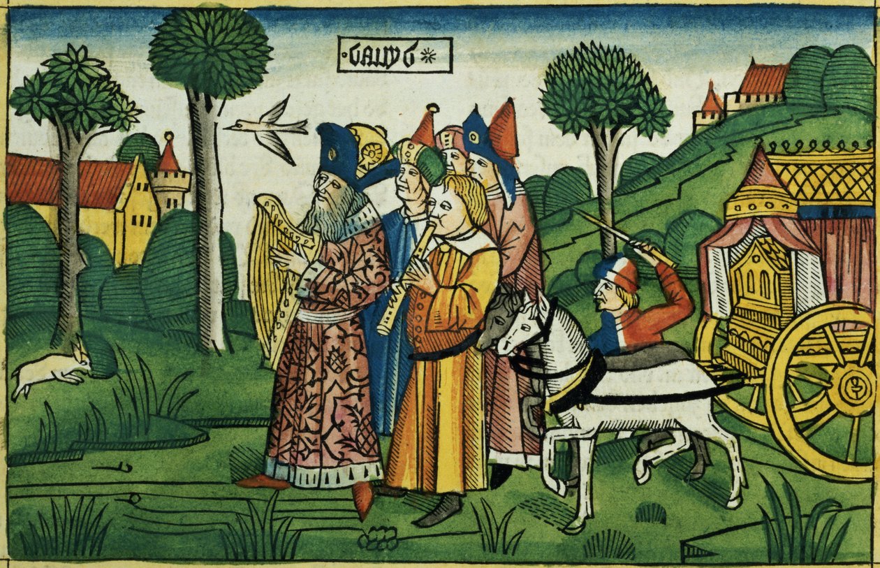 2 Samuel 6 1-5 David bringer arken til Jerusalem, fra Nürnbergbibelen (Biblia Sacra Germanaica) (farvet træsnit) af German School