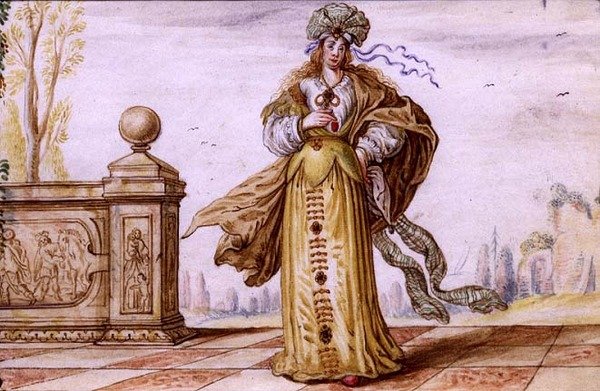 En bejeweled allegorisk kvinde på en terrasse, ca. 1640 (gouache på vellum) af German School