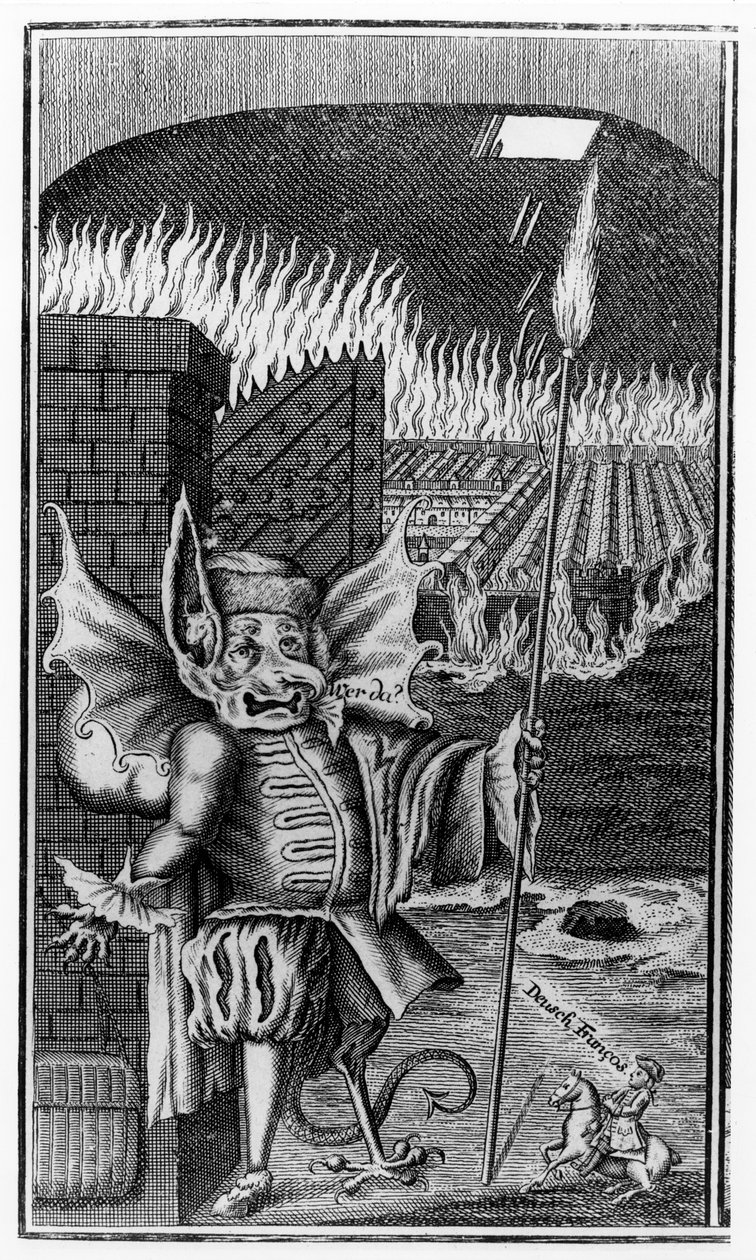 En djævel, der vogter en by i flammer, ca. 1755 af German School
