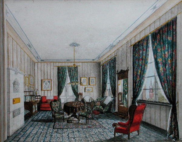 A Drawing Room Interiør, ca. 1855 (akvarel på papir) af German School