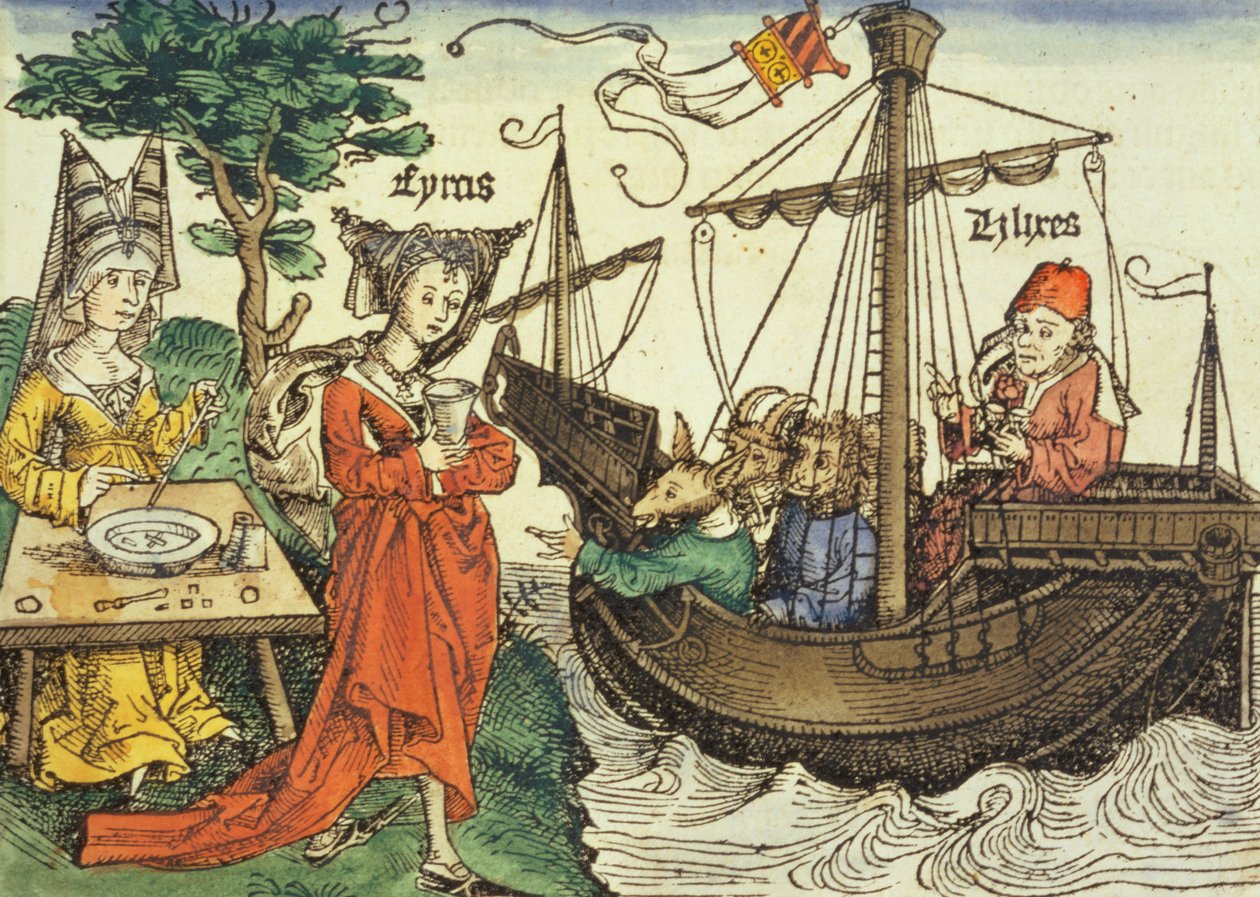 En troldkvinde, sandsynligvis Circe med giftbægeret og Odysseus med sine ledsagere fra Nürnberg-krøniken af Hartmann Schedel (1440-1514) 1493 af German School
