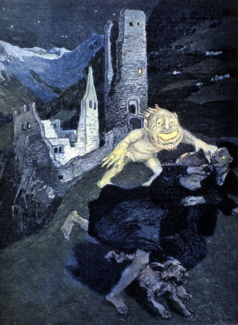 En troldenat med sjov, skræmmende forbipasserende (farve litho) af German School