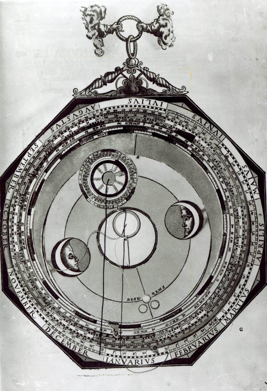 En Volvelle, der muligvis viser Månens cyklusser, efter en illustration fra Astronomicon Caesareum af Petrus Apianus, 1540 af German School