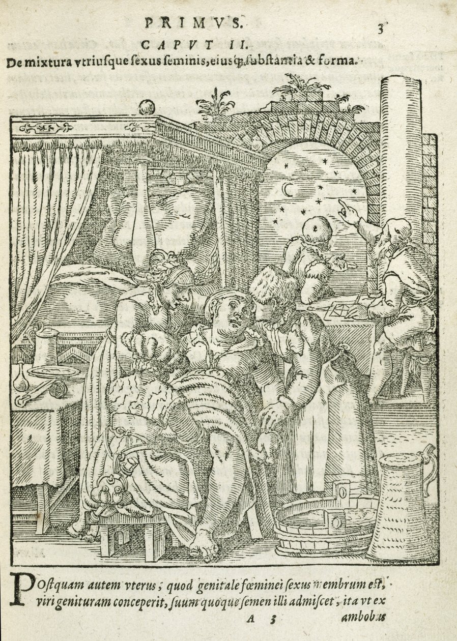 A Woman in Labour, illustration fra kapitel 2, bog 1 af On the Conception and Growth of Man af Rueff, 1587 af German School