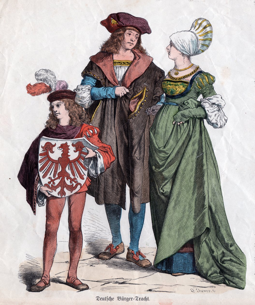 En borgerlig familie. Tyske dragter fra det 16. århundrede fra "Munchener Bilderbogen", Tyskland, ca. 1880 (gravering) af German School