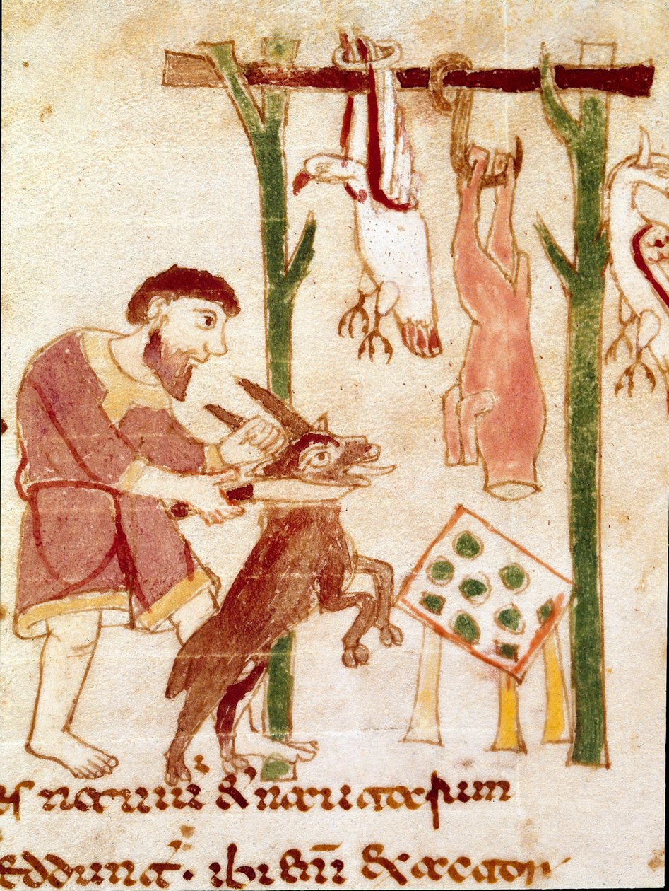 En slagter skærer en ged (miniature, 9. århundrede) af German School