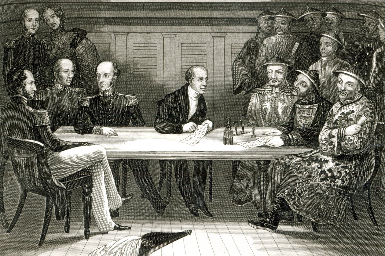 En konference i Chusan mellem Commodore Bremer og Chang, en kinesisk embedsmand, om bord på HMS Wellesley, 4. juli 1841 af German School