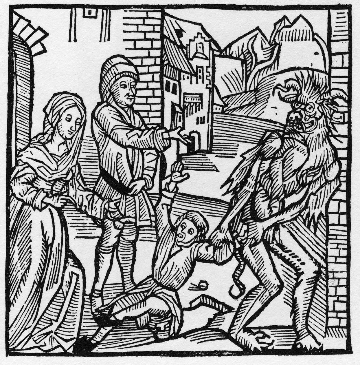 En djævel tager et barn for øjnene af sine forældre, der havde lovet ham ved pagt - I "Der Ritter von Turn"" af Knight Marquard vom Stein af German School