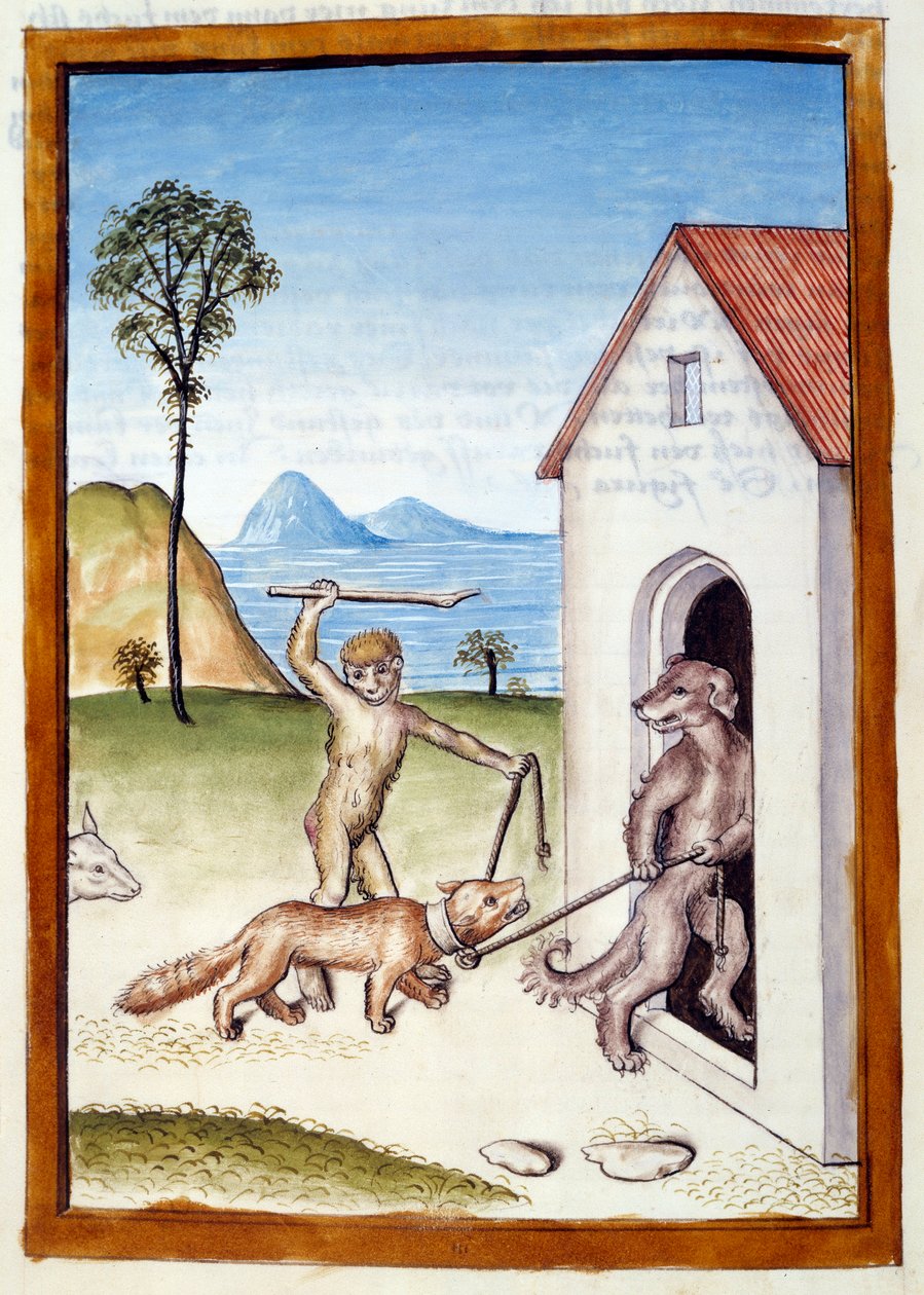 En hund og en abe tyranniserer en væsel. Dyr afbildet i mandlig stilling. Miniature taget fra en tysk oversættelse af fablerne om "" Kalila (Calila) og Dimna" af Bidpai. Chantilly fra det 15. århundrede, Musee Conde af German School