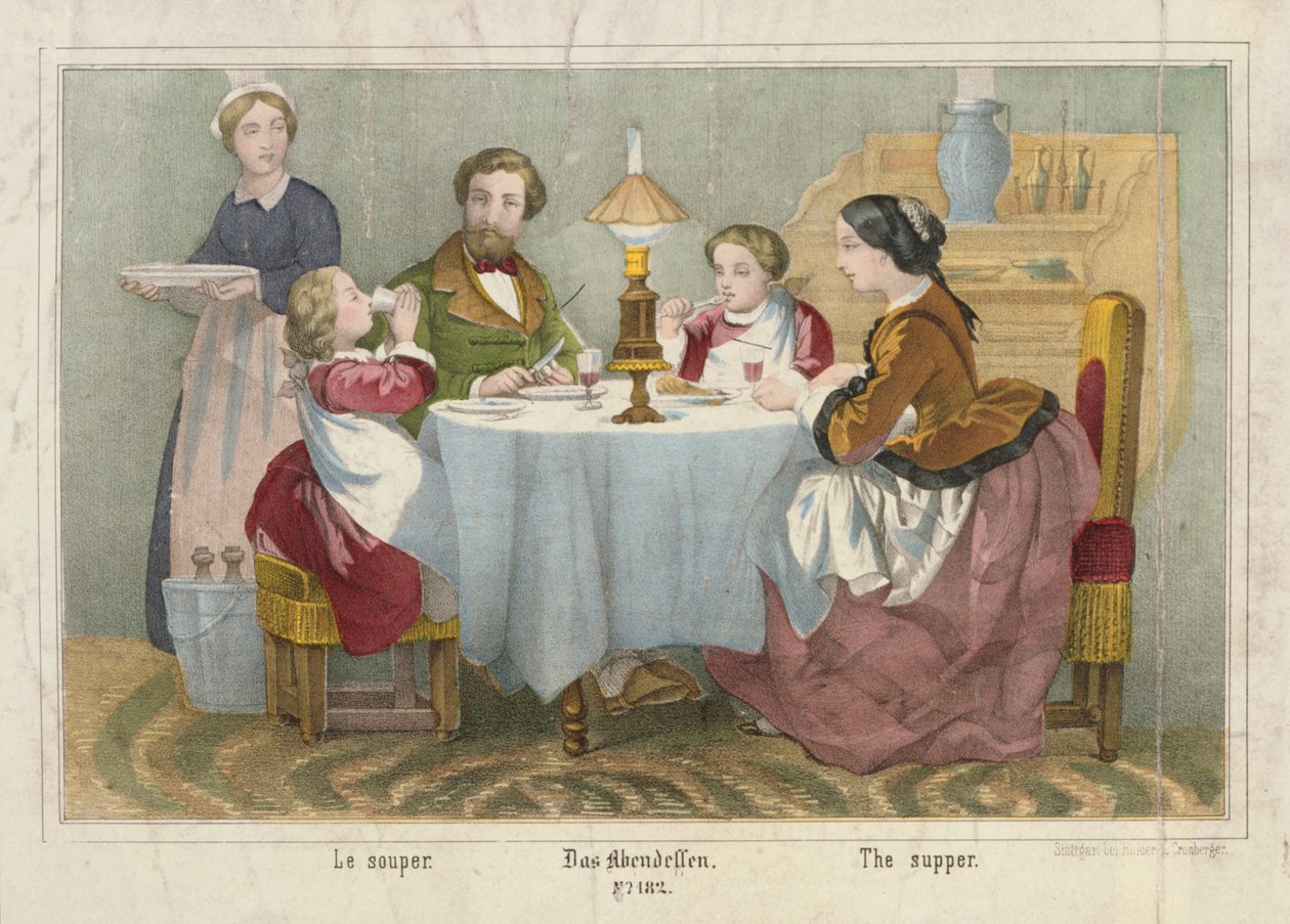 En familie ved deres aftensmåltid, billedligt broadsheet udgivet af Haider & Cronberger, Stuttgart, 1860 af German School