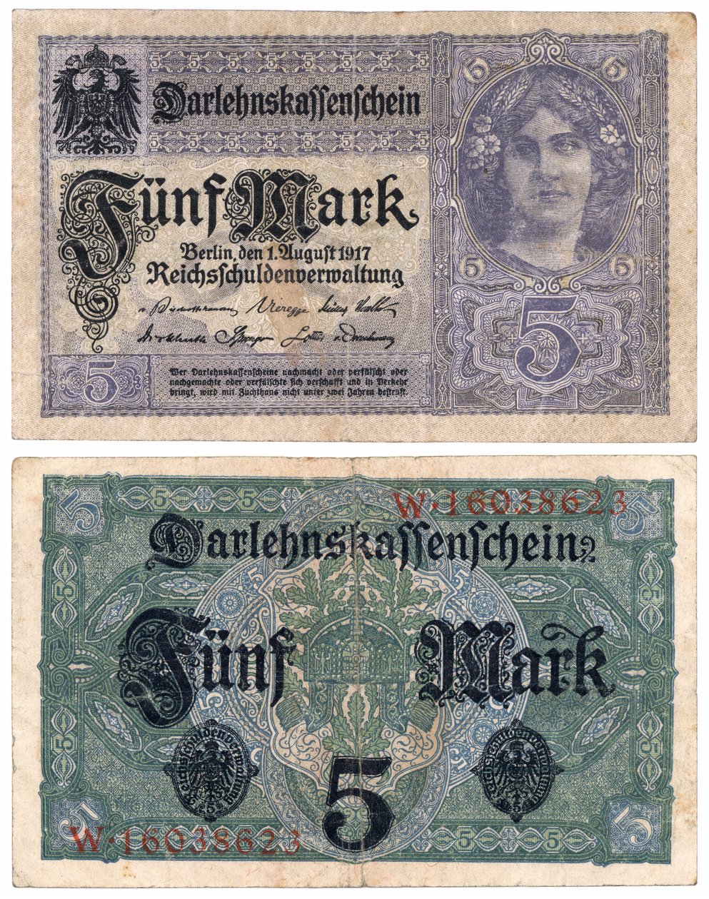 En fem marks seddel, 1917 (recto og verso) af German School
