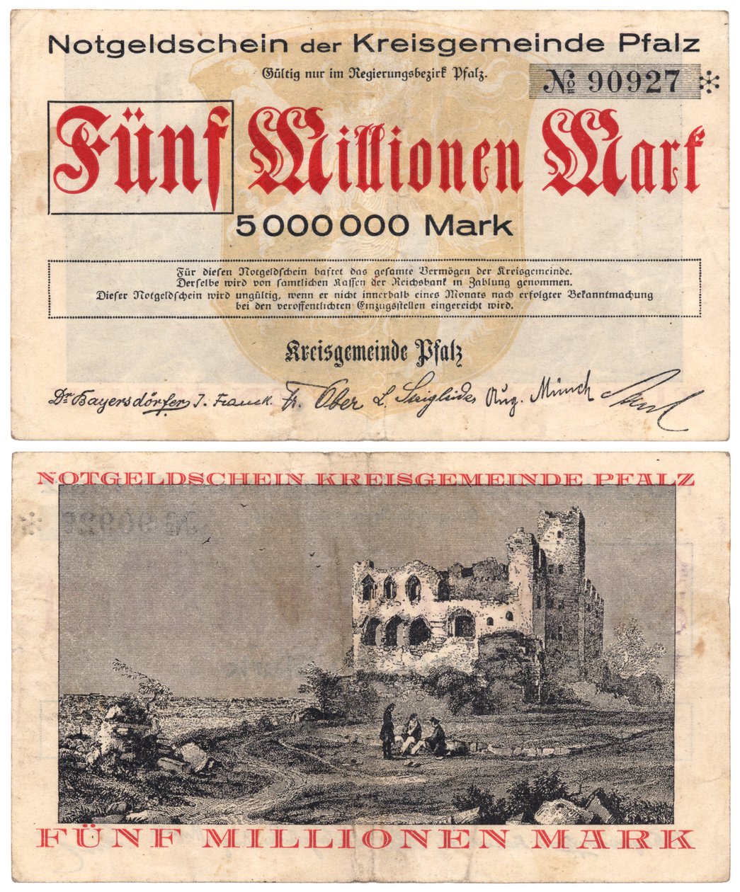 En seddel på fem millioner mark, ca. 1923 (recto og verso) af German School