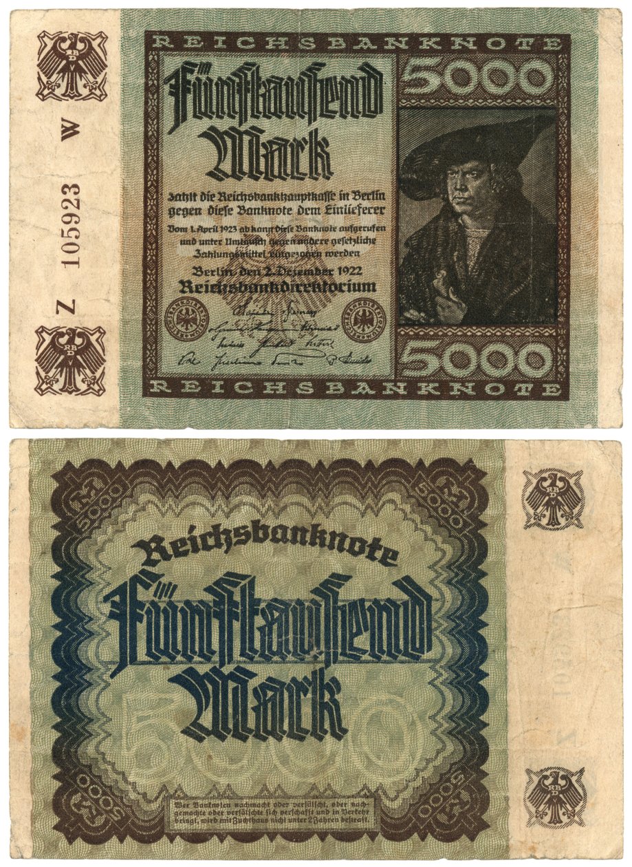 En fem tusind mark seddel, 1922 (recto og verso) af German School
