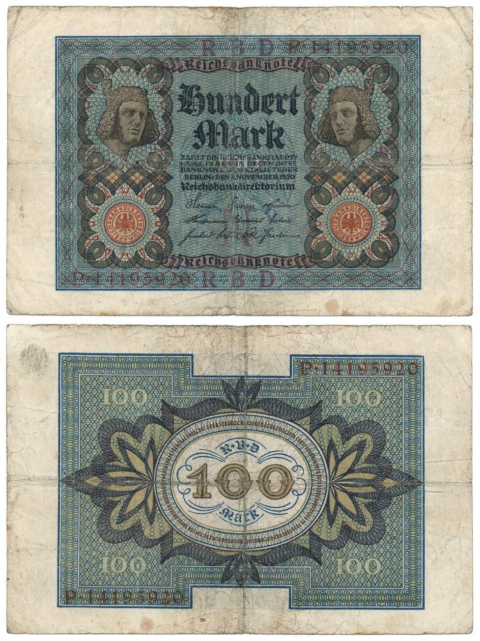 En hundrede mark seddel, 1920 (recto og verso) af German School