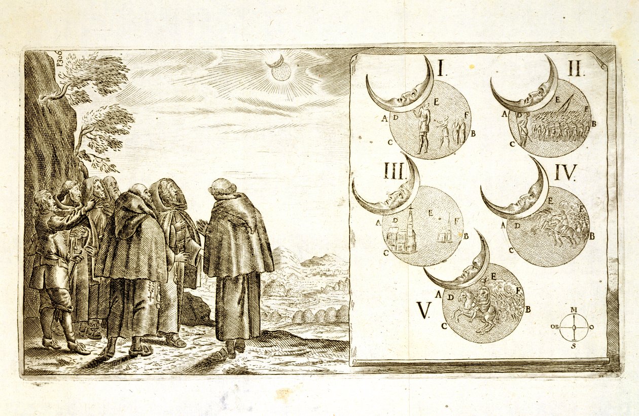 Et militærangreb plottet i overensstemmelse med faserne af en formørkelse, illustration fra en bog om de osmanniske felttog i Europa, indgraveret af Paul Furst (ca. 1605-66) af German School