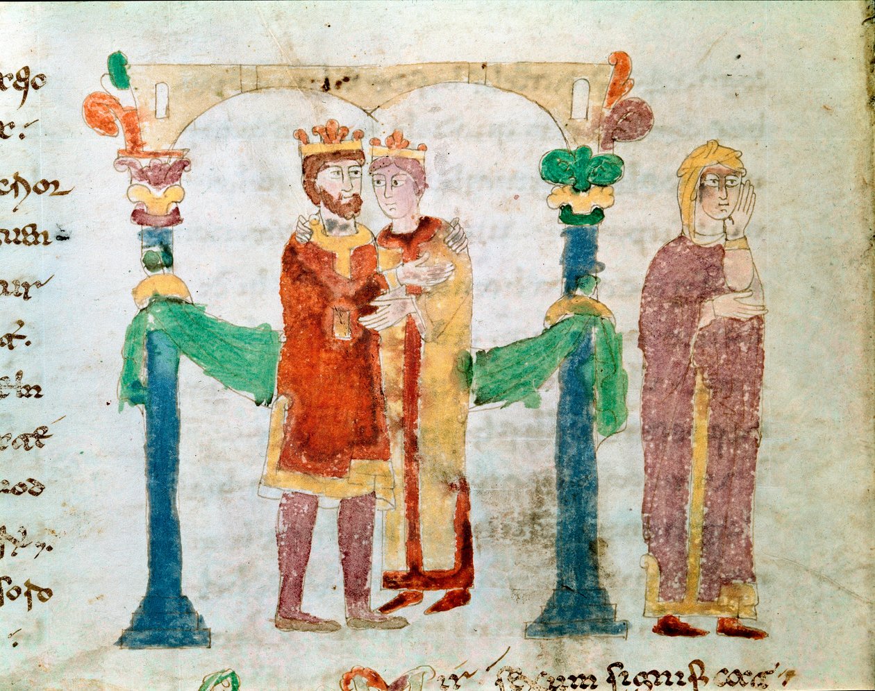 Et miniatureægteskab fra manuskriptet "" De Universo" eller "" De rerum naturis"" (Tingenes natur) af Rabanus Maurus Magnentius (eller Raban Maur eller Raban Mauro, ca. 780-856). Arkiv af Mount Cassin Abbey af German School