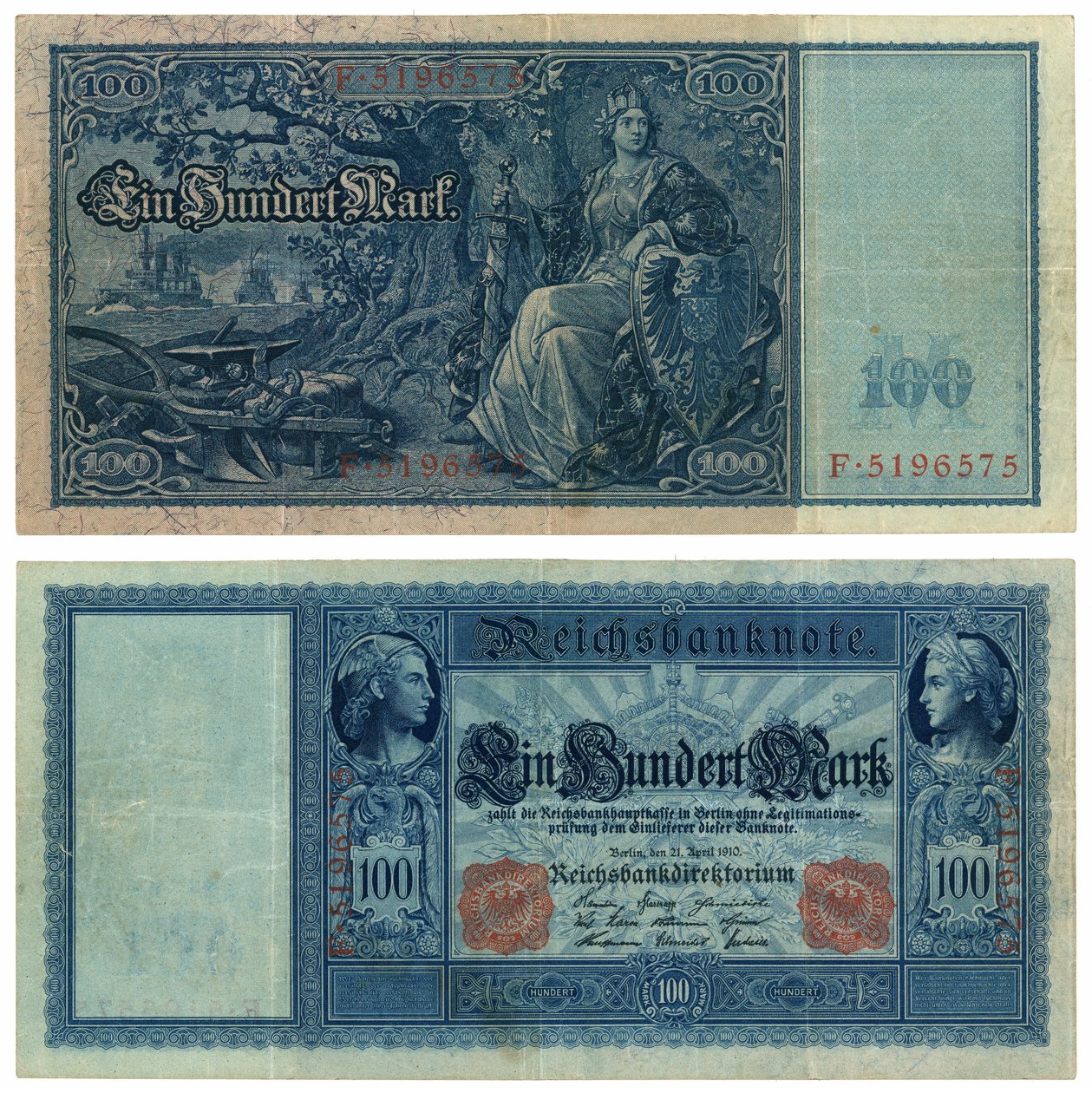 En hundrede mark seddel, 1910 (recto og verso) af German School