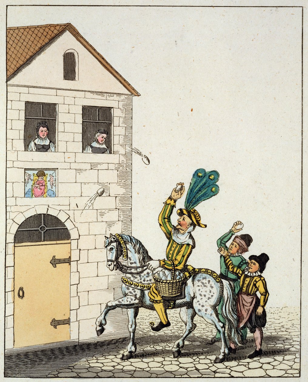 En runddans på byens hovedtorv, fra Old Nurembergs Customs and Jester on a Piebald Horse Throwing Eggs, fra Old Nurembergs Customs and Practices in Games and Songs, genudgivet 1831 (farve af German School