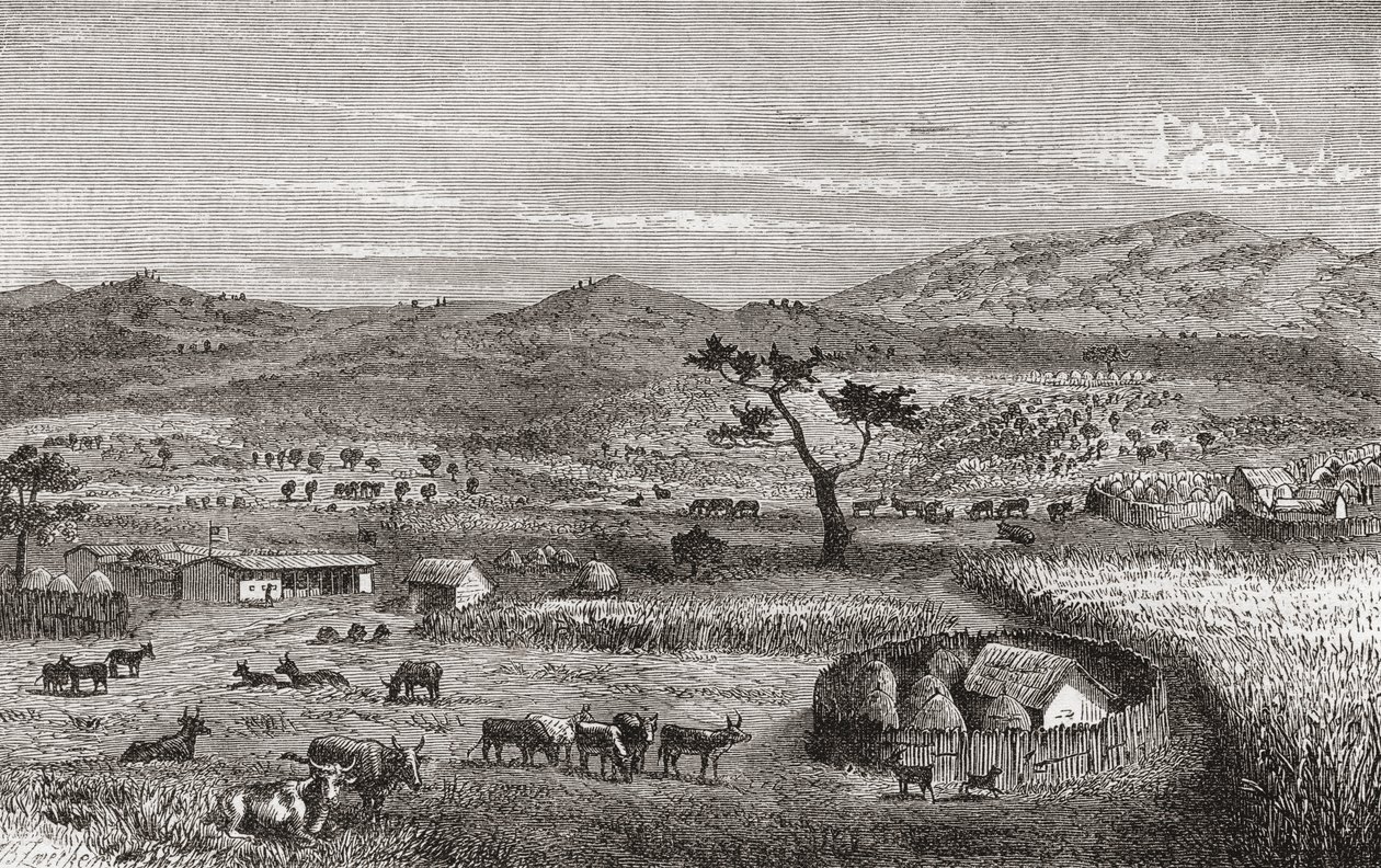 En bebyggelse i Kouihara, Vestafrika, illustration fra "The World in the Hands", udgivet i 1878 af German School