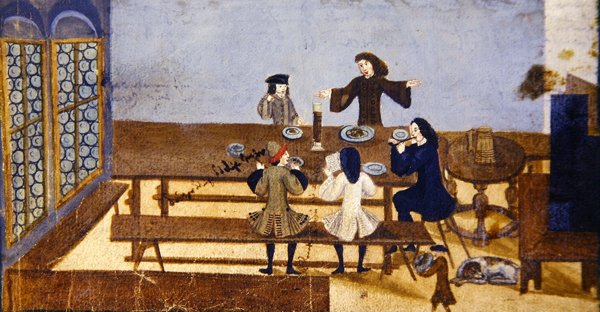 En krointeriørscene med figurer, der drikker, ca. 1690 (gouache på papir) af German School